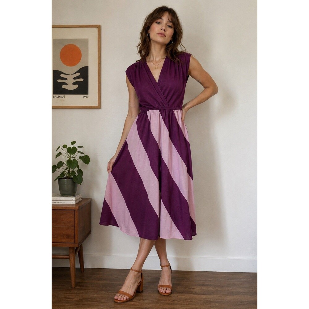 Vintage 70s Women’s Mod Colorblock Midi Dress‎ Plum Pink Geometric Jersey M/L